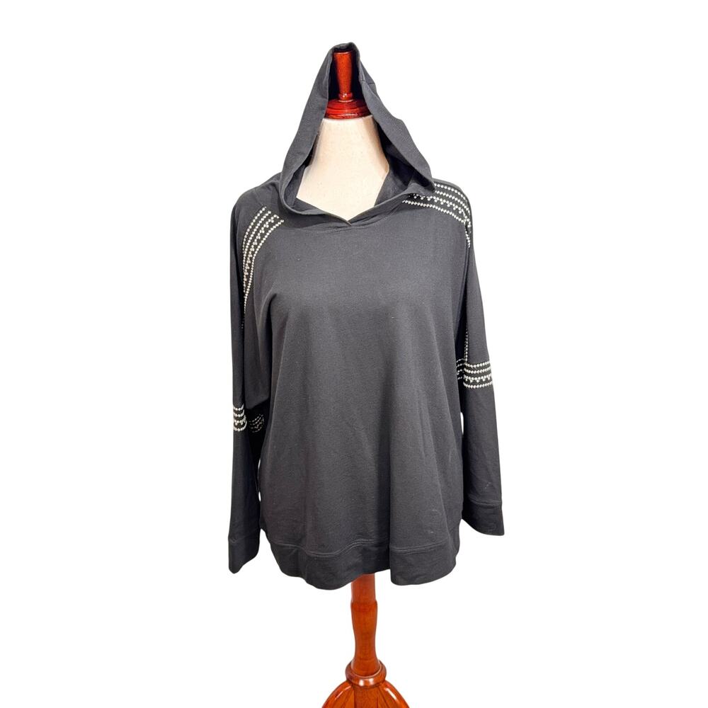 J. Jill Fit black hoodie sweatshirt white embroidery pullover loose fit Sz XL